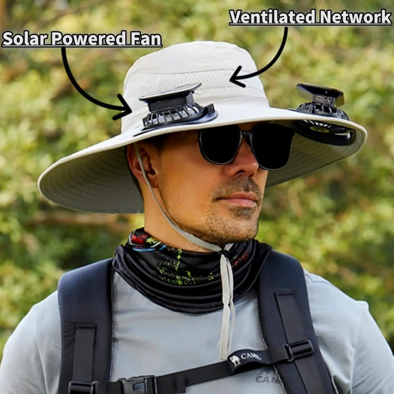 Solar Fan Hat for Men, Wide Brim Outdoor Fishing Hat 2 Solar Powered Fans 3-Speed Adjustable Cooling for Hiking, Camping