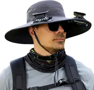 Solar Fan Hat for Men, Wide Brim Outdoor Fishing Hat 2 Solar Powered Fans 3-Speed Adjustable Cooling for Hiking, Camping