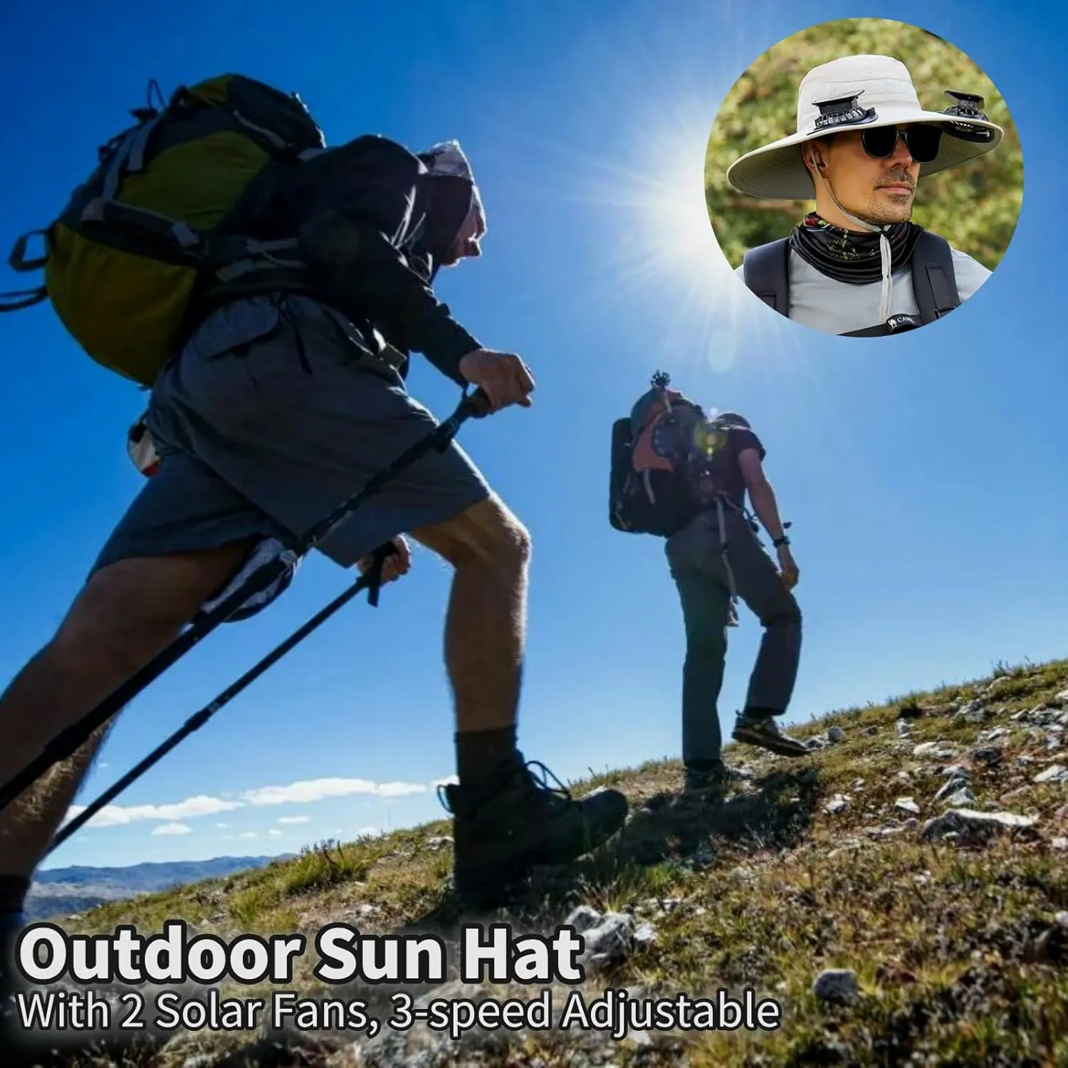 Solar Fan Hat for Men, Wide Brim Outdoor Fishing Hat 2 Solar Powered Fans 3-Speed Adjustable Cooling for Hiking, Camping
