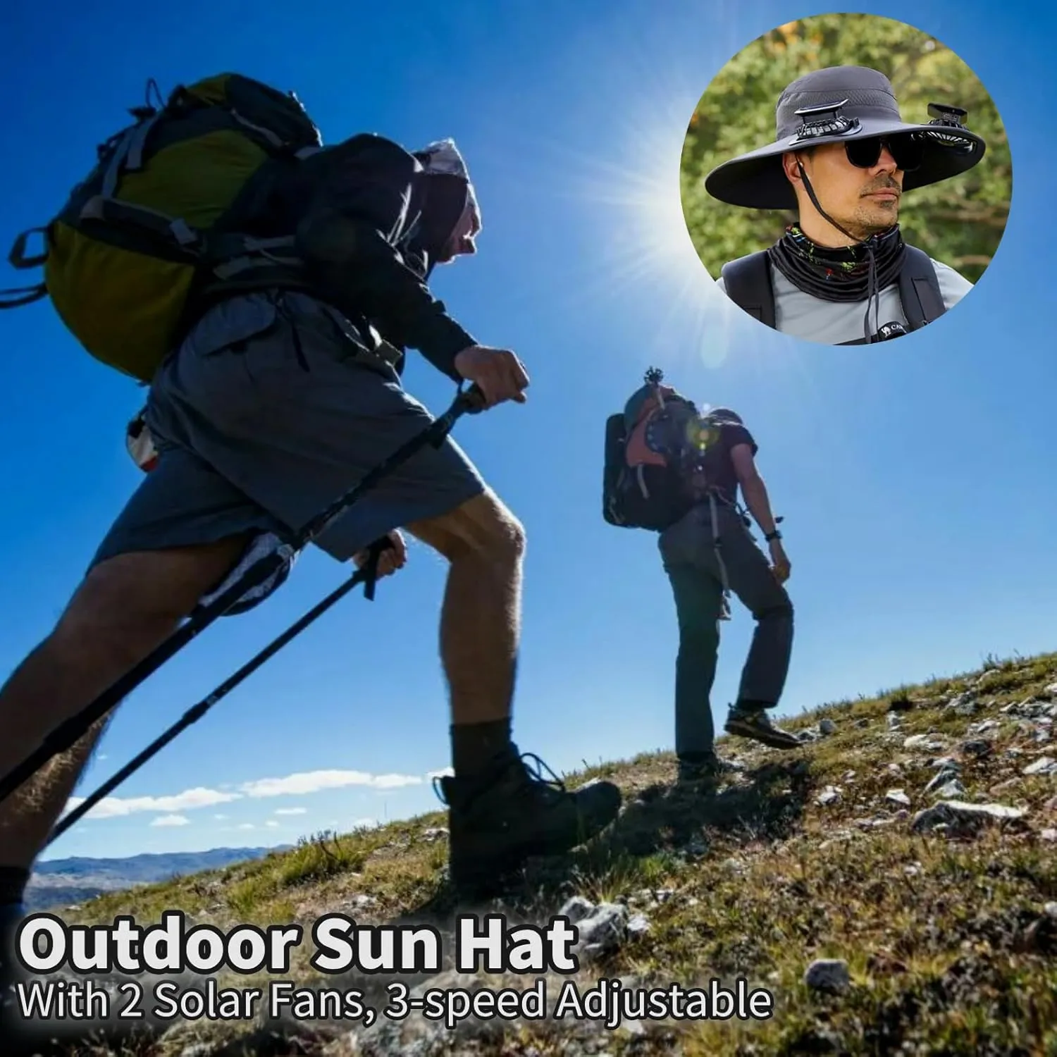 Solar Fan Hat for Men, Wide Brim Outdoor Fishing Hat 2 Solar Powered Fans 3-Speed Adjustable Cooling for Hiking, Camping