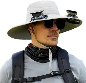 Solar Fan Hat for Men, Wide Brim Outdoor Fishing Hat 2 Solar Powered Fans 3-Speed Adjustable Cooling for Hiking, Camping