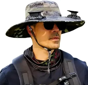 Solar Fan Hat for Men,Wide Brim Outdoor Fishing Hat 2 Solar Fan 3-Speed Adjustable Beach Cap for Camping, Hiking