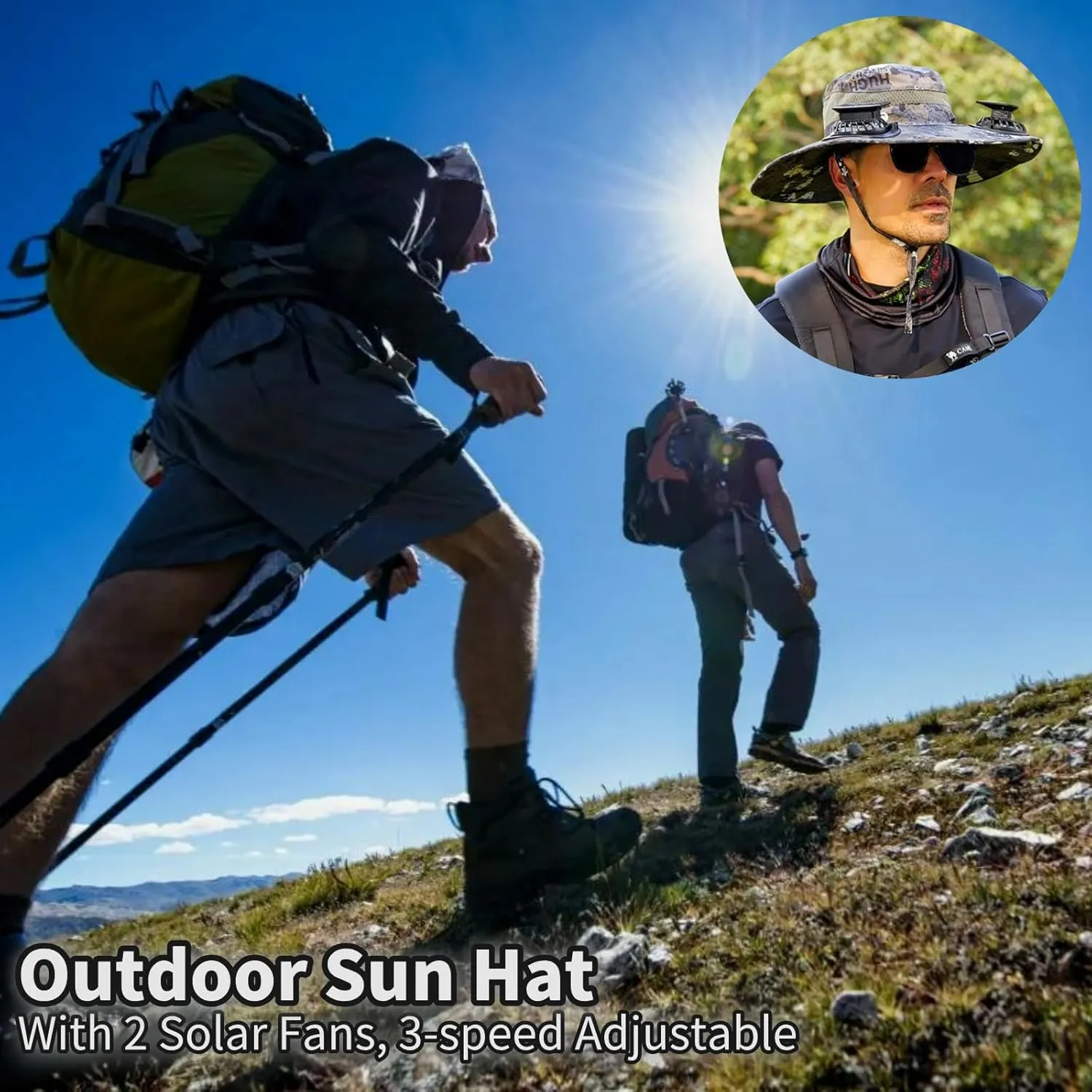 Solar Fan Hat for Men,Wide Brim Outdoor Fishing Hat 2 Solar Fan 3-Speed Adjustable Beach Cap for Camping, Hiking