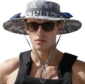Solar Fan Hat, Women Men Wide Brim Sun Hats with 2 Solar Fan, UPF 50  Breathable Bucket Hat Outdoor Fishing Hat for Camping