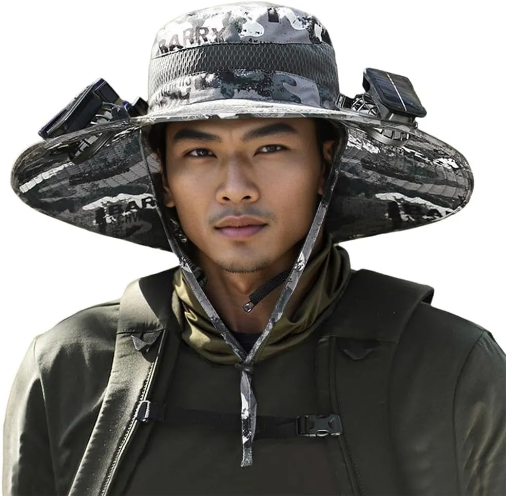Solar Fan Hat,Outdoor Wide Brim Sun Hat with 2 Solar Fan,UV Protection Hiking Camping Fishing Hat for Men and Women