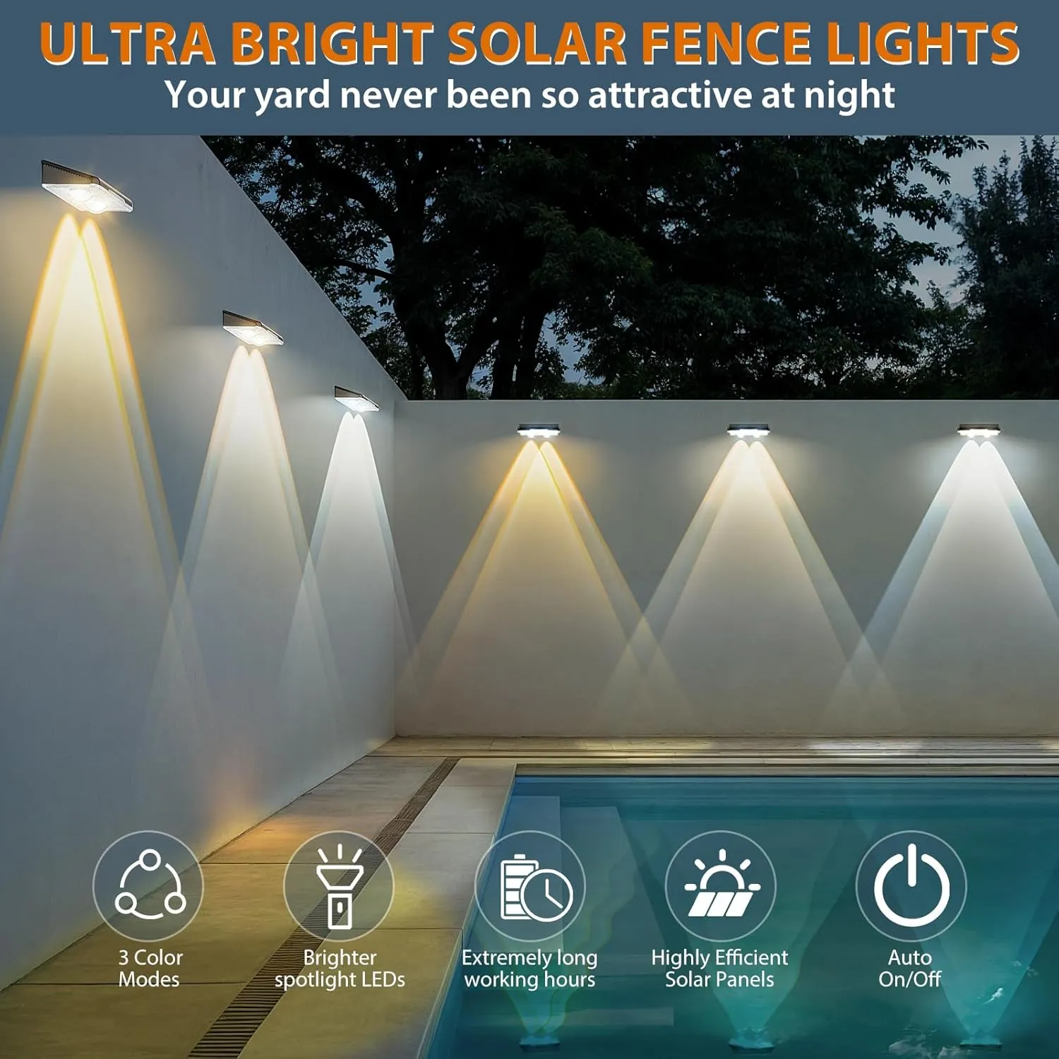 Solar Fence Lights Outdoor-3000/4000/6000K 3 Mode,IP65 Waterproof Solar Powered Lights Outdoor for Backyard/Patio/Fence/Wall/Deck/Step/Porch/Railings/Pool (8pack)