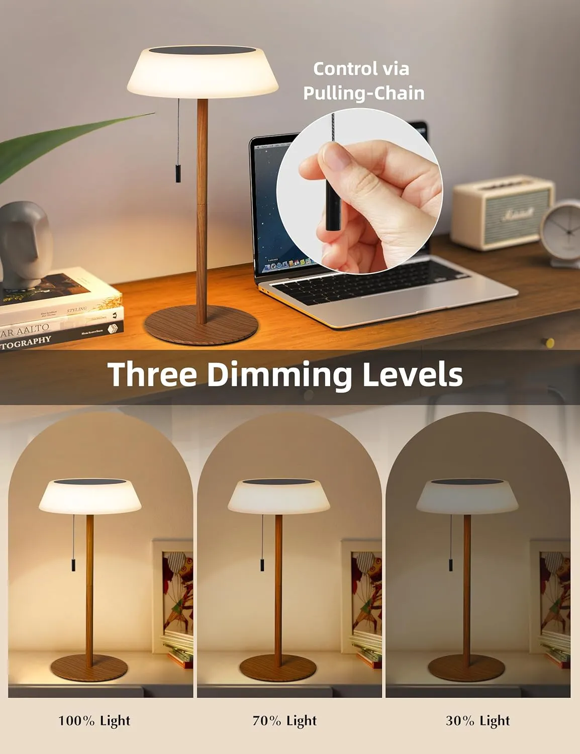 Solar LED Outdoor Table Lamp Waterproof, 3 Level Dimmable Desk Night Light, Portable Cordless USB Rechargeable, for Home/Deck/Patio/Garden (Wood Grain)