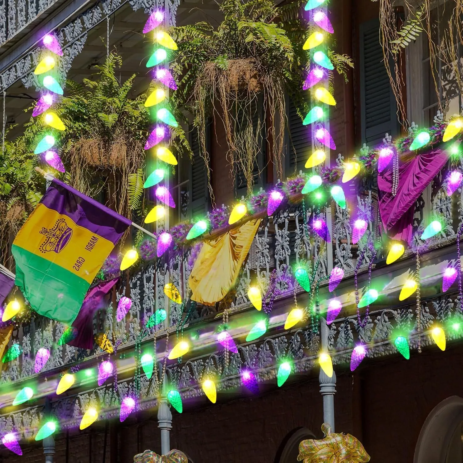 Solar Mardi Gras Lights - 100 LED Decor with 8 Modes, Waterproof for Outdoor Use - Yellow, Green, Purple - Perfect for Mardi Gras, Camping, Holidays, Gardens, Fences, Balconies