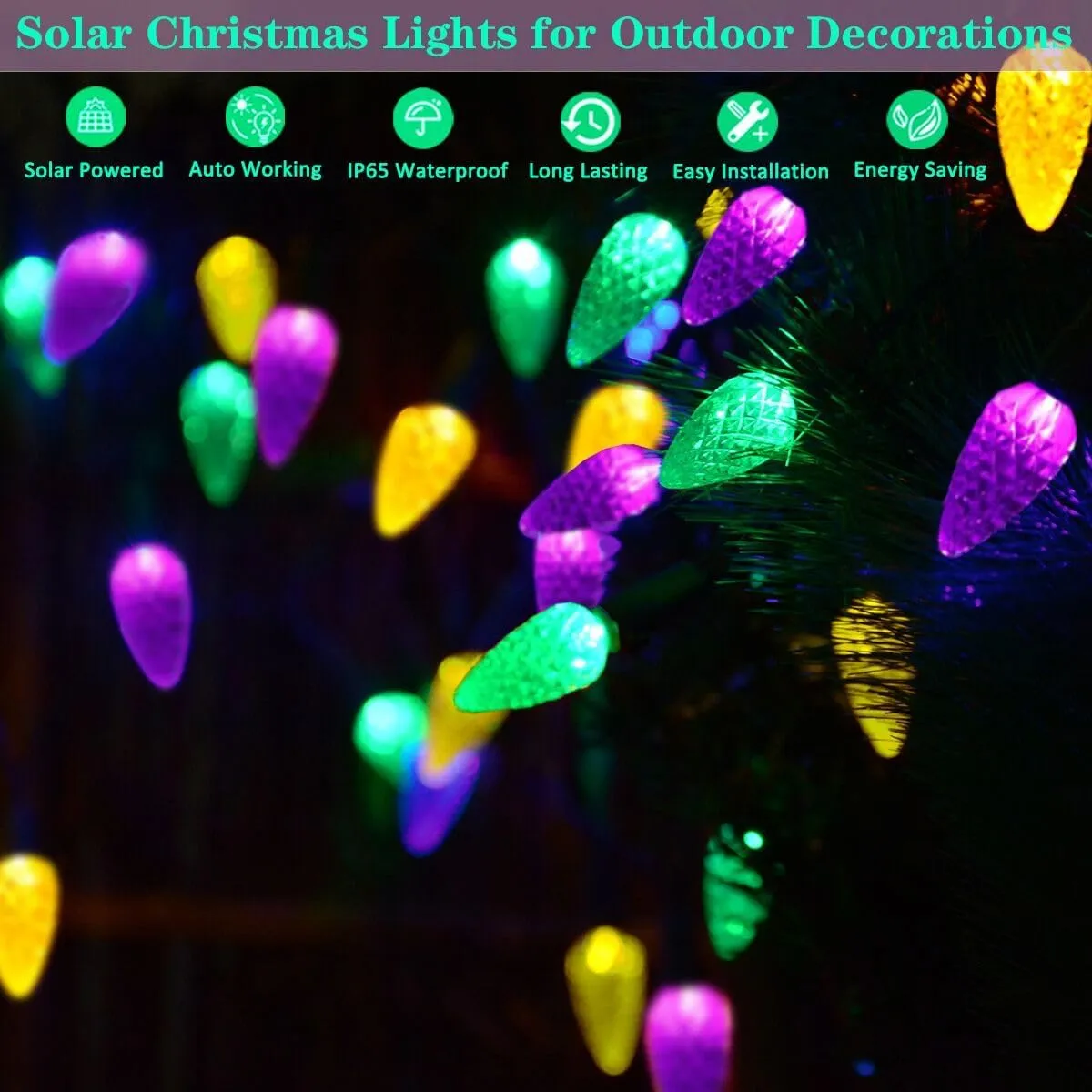 Solar Mardi Gras Lights - 100 LED Decor with 8 Modes, Waterproof for Outdoor Use - Yellow, Green, Purple - Perfect for Mardi Gras, Camping, Holidays, Gardens, Fences, Balconies