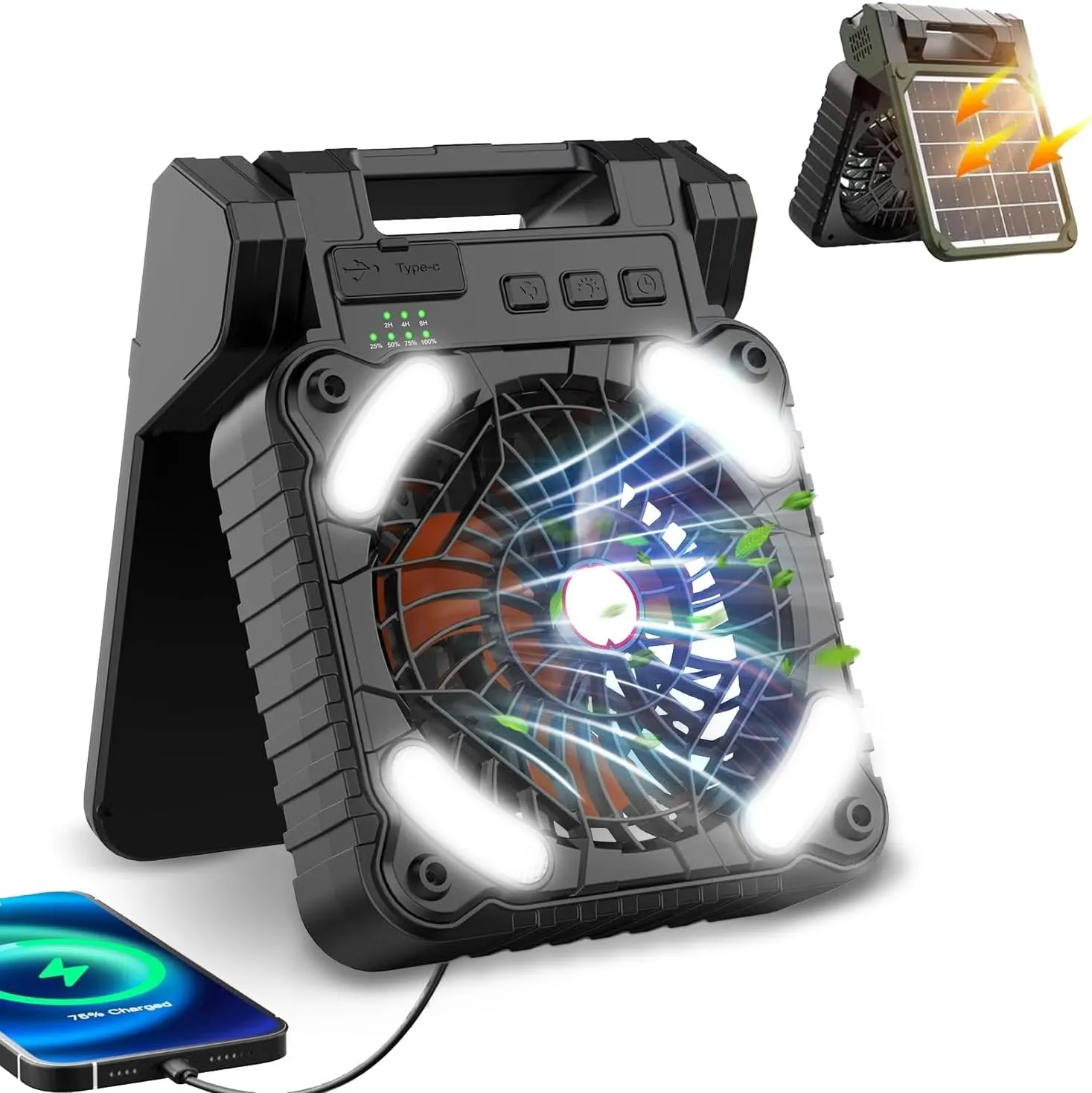 Solar Powered Camping Fan, 8000mAh Portable Fan Rechargeable with Lights, 4 Speeds & 3 Timer, Battery Operated Foldable Desk Fan Cooling Fan for Travel Tent Fishing Office Hurricane Outages, Black