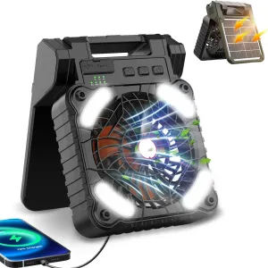 Solar Powered Camping Fan, 8000mAh Portable Fan Rechargeable with Lights, 4 Speeds & 3 Timer, Battery Operated Foldable Desk Fan Cooling Fan for Travel Tent Fishing Office Hurricane Outages, Black