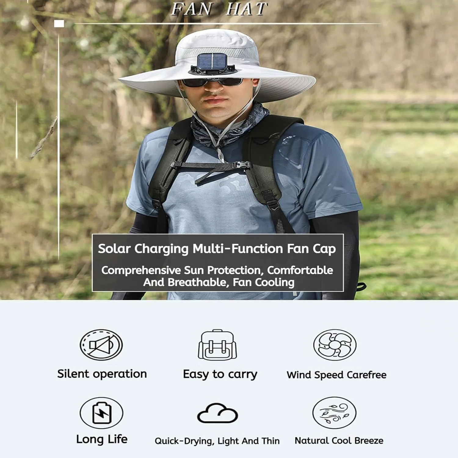 Solar Powered Fan Hat, Adjustable Outdoor Cooling Hat for Men, Wide Brim Sunproof and Waterproof Fishing Hat