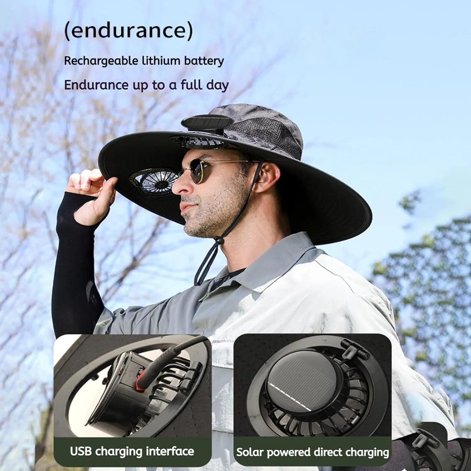 Solar Powered Fan Hat, Adjustable Outdoor Cooling Hat for Men, Wide Brim Sunproof and Waterproof Fishing Hat
