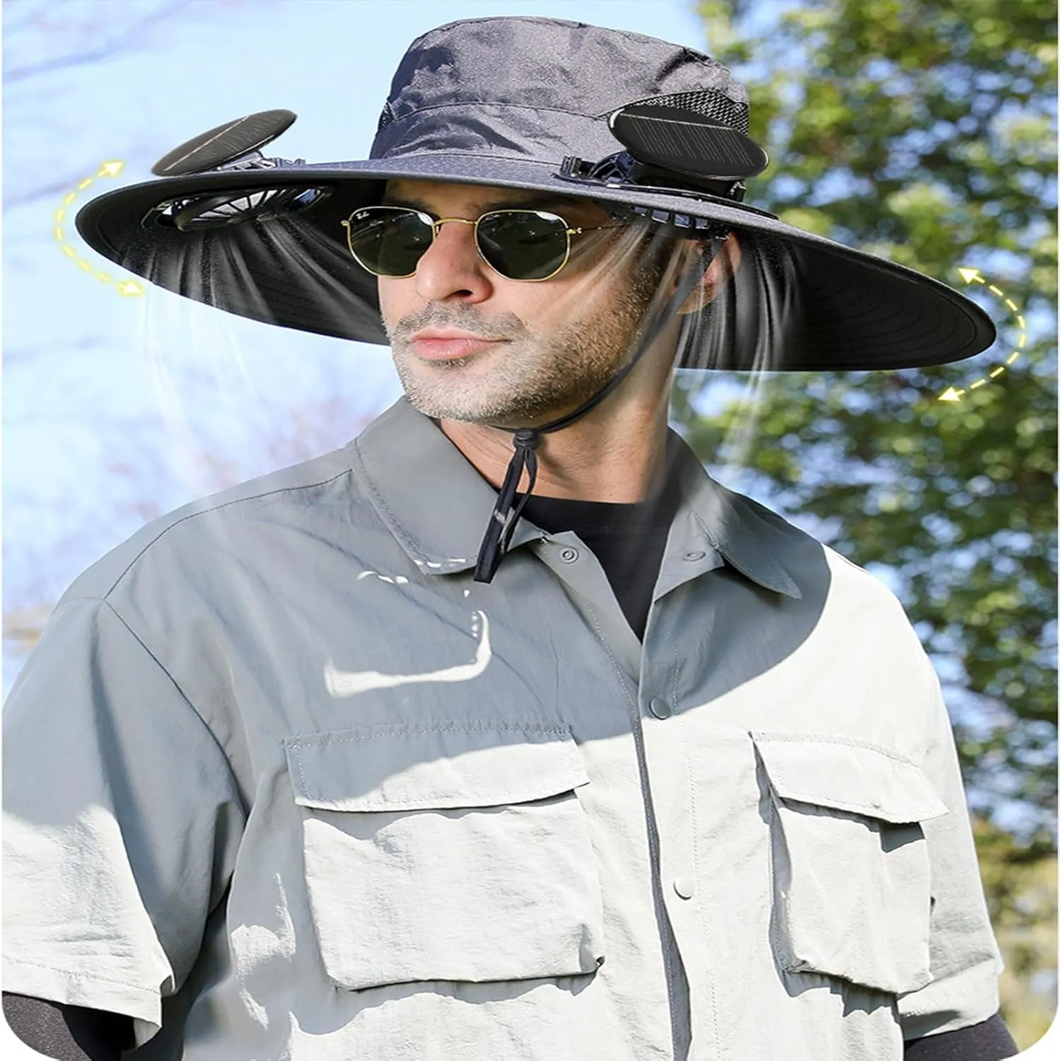 Solar Powered Fan Hat, Adjustable Outdoor Cooling Hat for Men, Wide Brim Sunproof and Waterproof Fishing Hat
