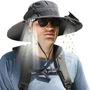 Solar Powered Fan Hat for Men, Fishing Hat with Built in Fan, Outdoor Wide Brim Sun Hats, UPF 50  for Outdoor Camping Fishing