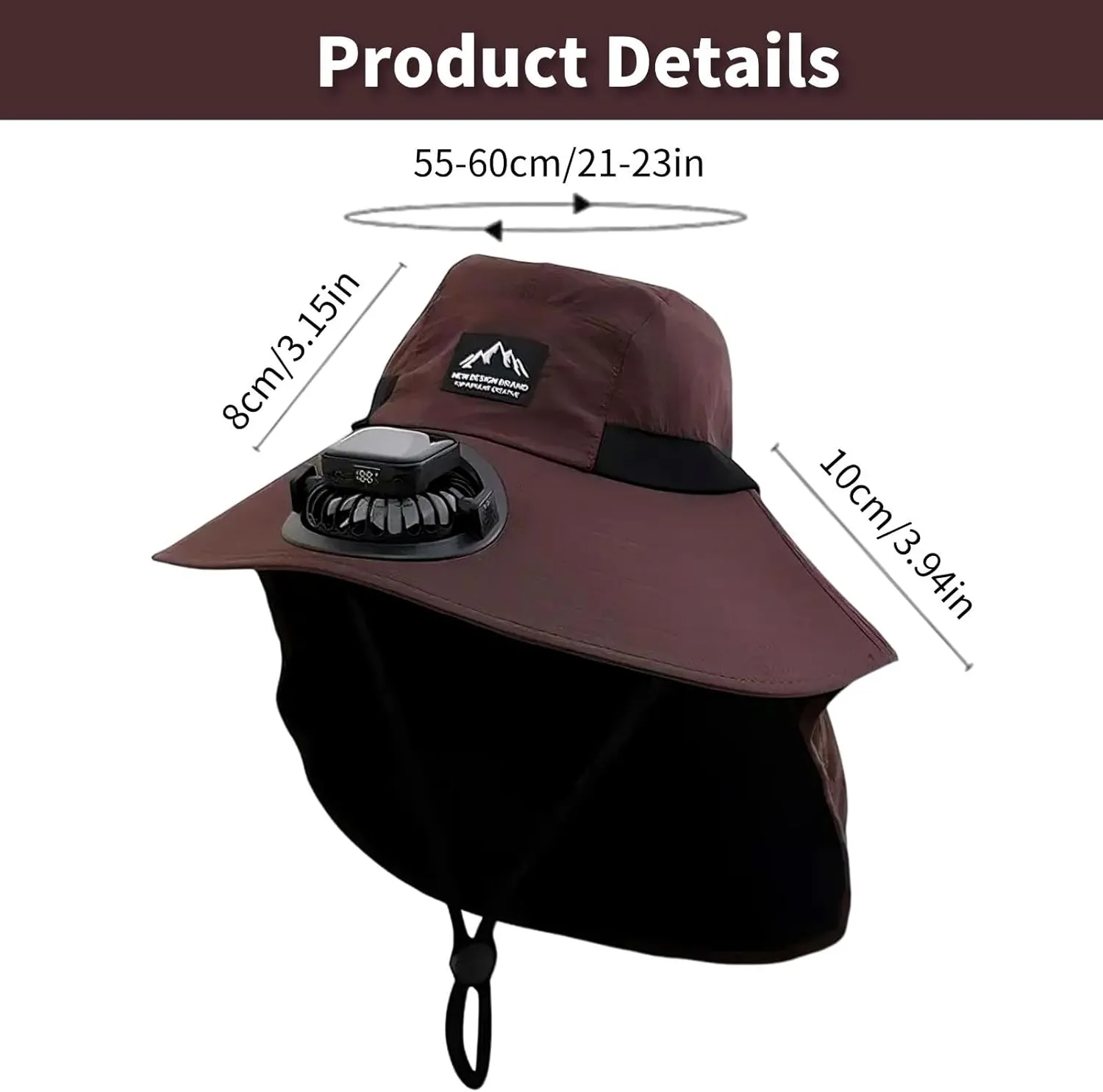 Solar Powered Fan Hat for Men, UPF 50  Wide Brim Sun Fishing Hat with Adjustable Neck Flap & 3-Speed Fans for Hiking, Beach