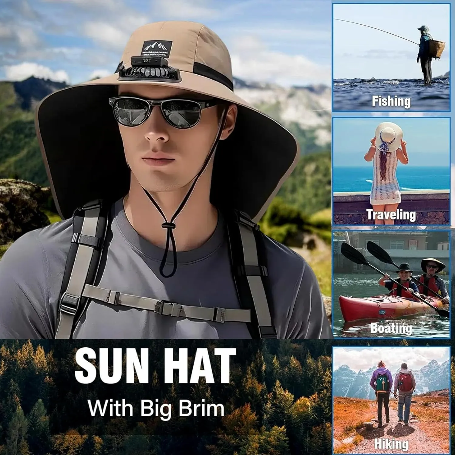 Solar Powered Fan Hat for Men, UPF 50  Wide Brim Sun Fishing Hat with Adjustable Neck Flap & 3-Speed Fans for Hiking, Beach