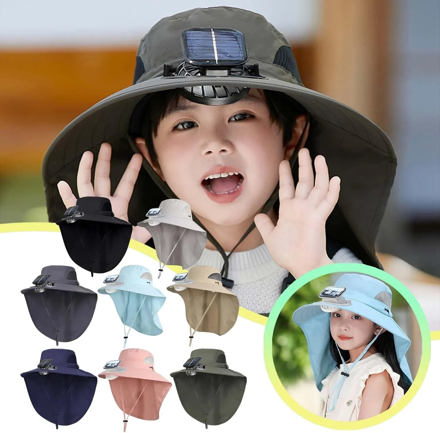 Solar Powered Fan Hat, Wide Brim Sun Hat with Fan, Kids Outdoor Hat