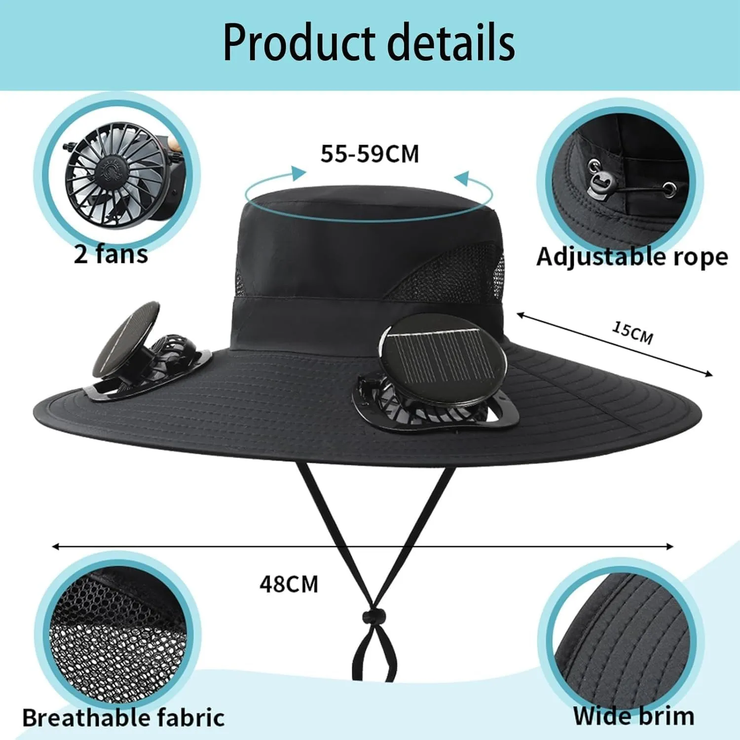 Solar Powered Wide Brim Sun Hat with 2 Fans for Men USB Charging Fan Removable Fishing Beach Hats for Outdoor