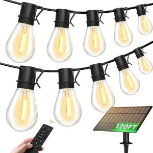 Solar String Lights Outdoor, 120FT 30 2 Shatterproof S14 LED Bulbs, Waterproof, USB Rechargeable, 2200K Warm White, Energy-Saving Hanging Patio Lights for Garden, Porch, Bistro, Deck, Market