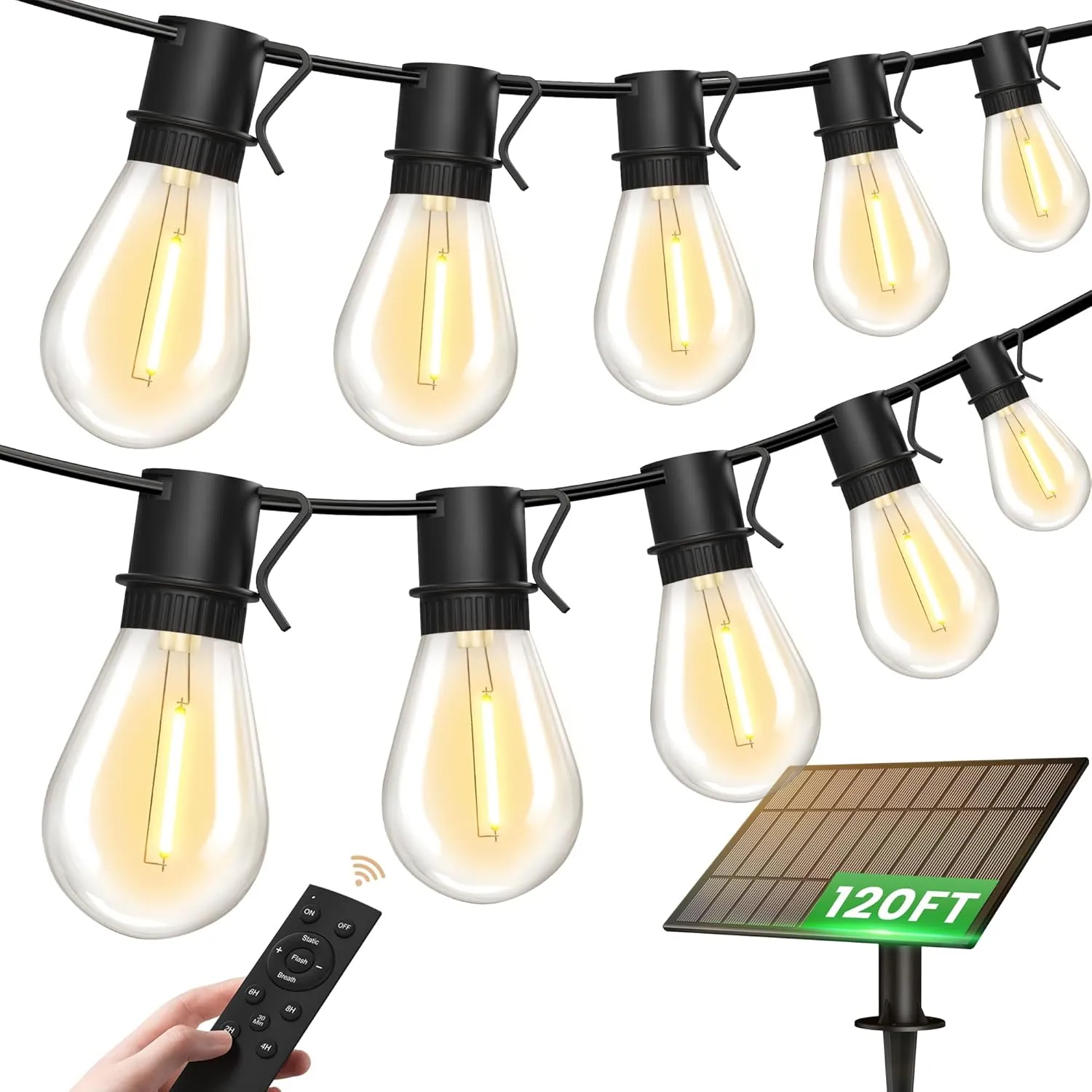 Solar String Lights Outdoor, 120FT 30 2 Shatterproof S14 LED Bulbs, Waterproof, USB Rechargeable, 2200K Warm White, Energy-Saving Hanging Patio Lights for Garden, Porch, Bistro, Deck, Market