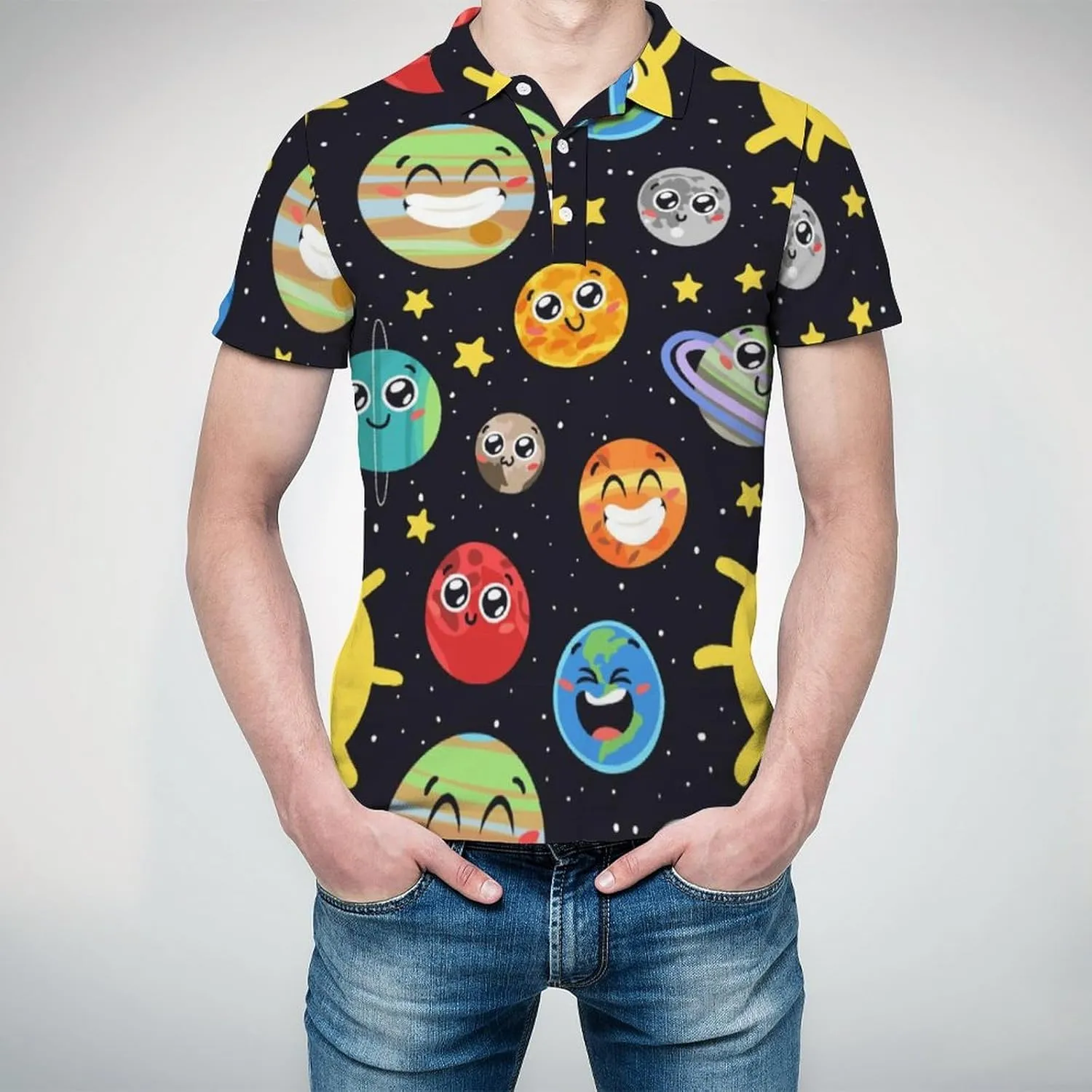 Solar System Space Star Golf Polo Shirts for Men Quick Dry Short Sleeve Graphic Tee Top