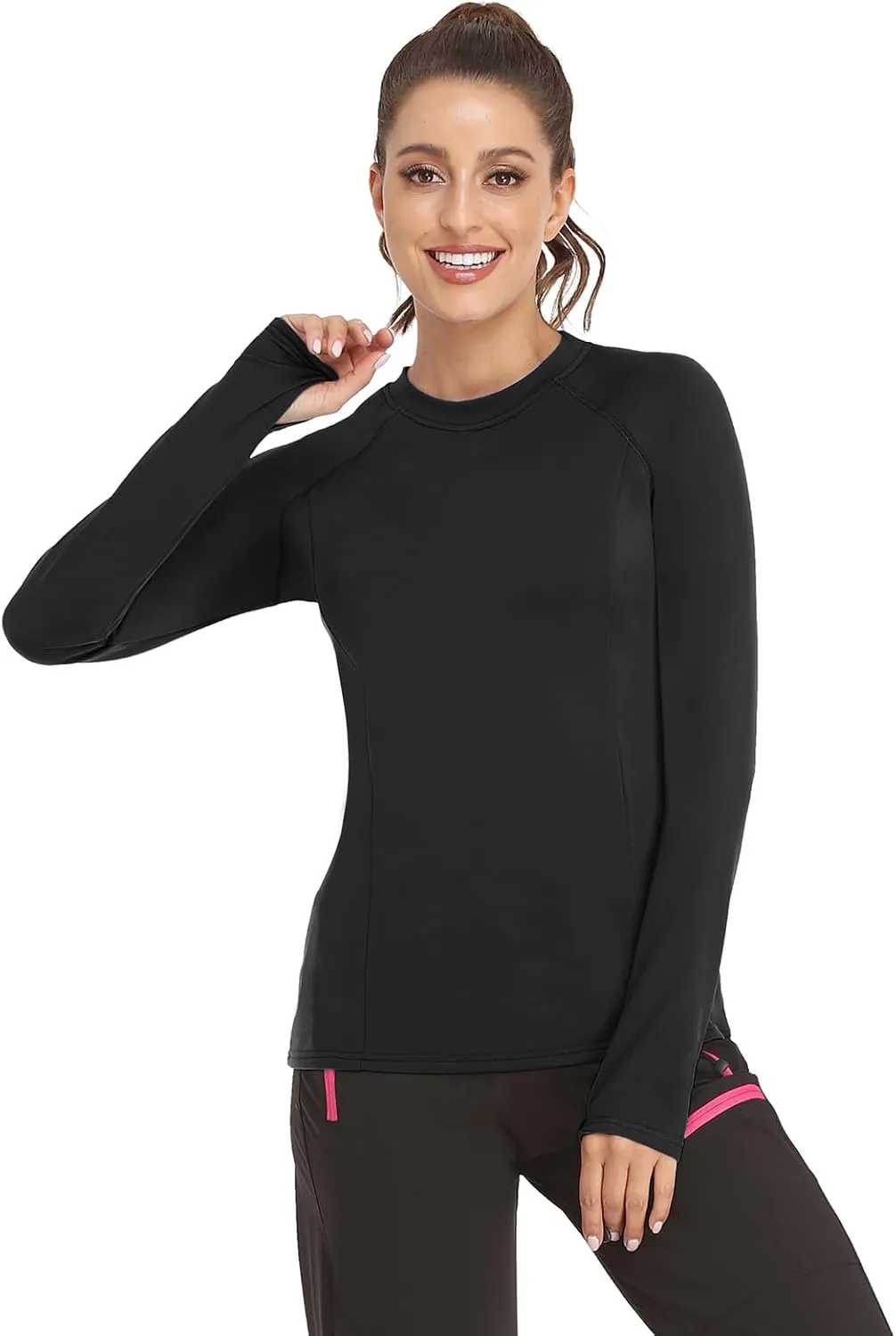 Soneven Women Fleece Thermal Long Sleeve Running Shirt Workout Tops Moisture Wicking Athletic Shirts with Thumb Holes