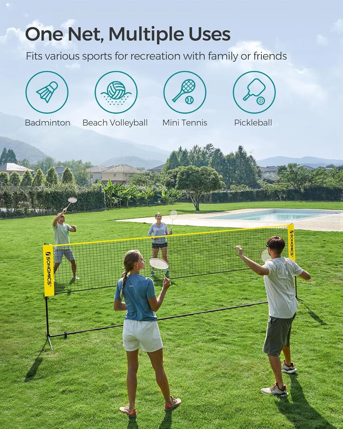 SONGMICS Badminton Net, Height Adjustable Volleyball Net, Pickleball Net for Junior Tennis, Kids, Indoor Outdoor Court, Foldable Nylon Net with Poles 10ft/13ft/16.5ft Wide