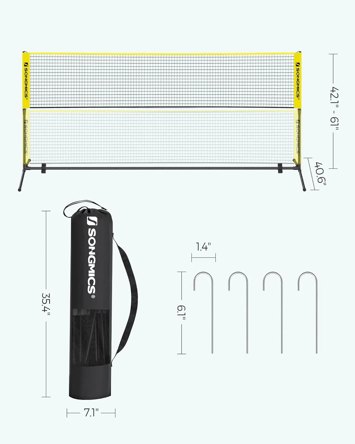 SONGMICS Badminton Net, Height Adjustable Volleyball Net, Pickleball Net for Junior Tennis, Kids, Indoor Outdoor Court, Foldable Nylon Net with Poles 10ft/13ft/16.5ft Wide