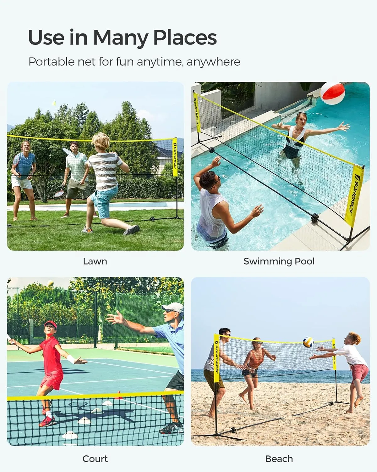 SONGMICS Badminton Net, Height Adjustable Volleyball Net, Pickleball Net for Junior Tennis, Kids, Indoor Outdoor Court, Foldable Nylon Net with Poles 10ft/13ft/16.5ft Wide