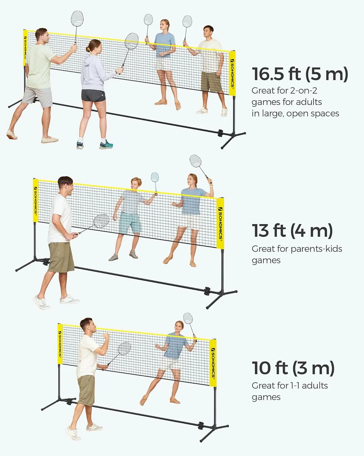 SONGMICS Badminton Net, Height Adjustable Volleyball Net, Pickleball Net for Junior Tennis, Kids, Indoor Outdoor Court, Foldable Nylon Net with Poles 10ft/13ft/16.5ft Wide