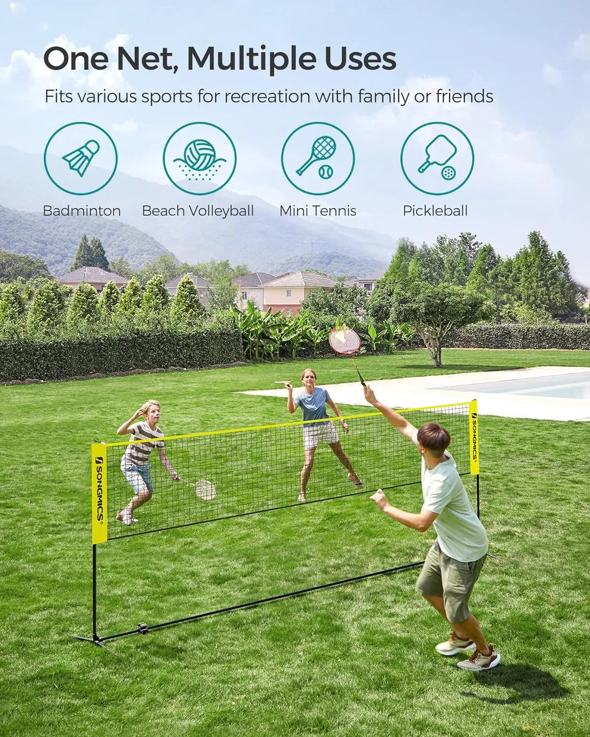 SONGMICS Badminton Net, Height Adjustable Volleyball Net, Pickleball Net for Junior Tennis, Kids, Indoor Outdoor Court, Foldable Nylon Net with Poles 10ft/13ft/16.5ft Wide