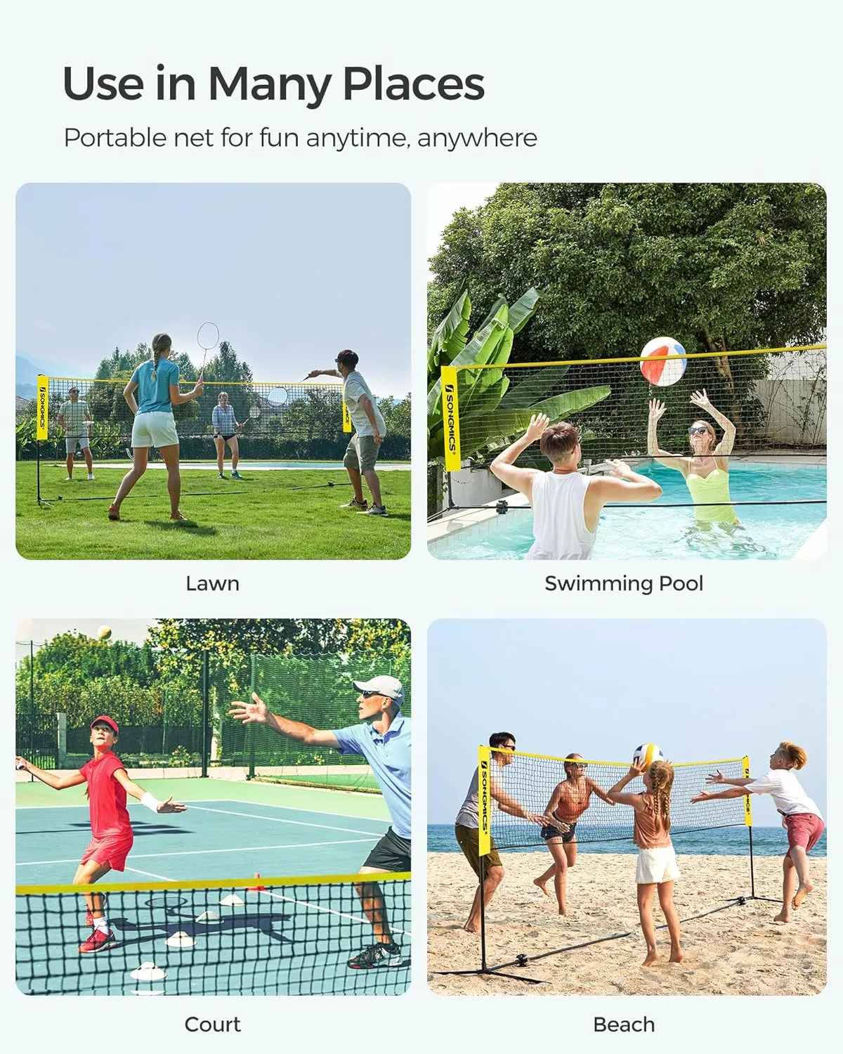 SONGMICS Badminton Net, Height Adjustable Volleyball Net, Pickleball Net for Junior Tennis, Kids, Indoor Outdoor Court, Foldable Nylon Net with Poles 10ft/13ft/16.5ft Wide