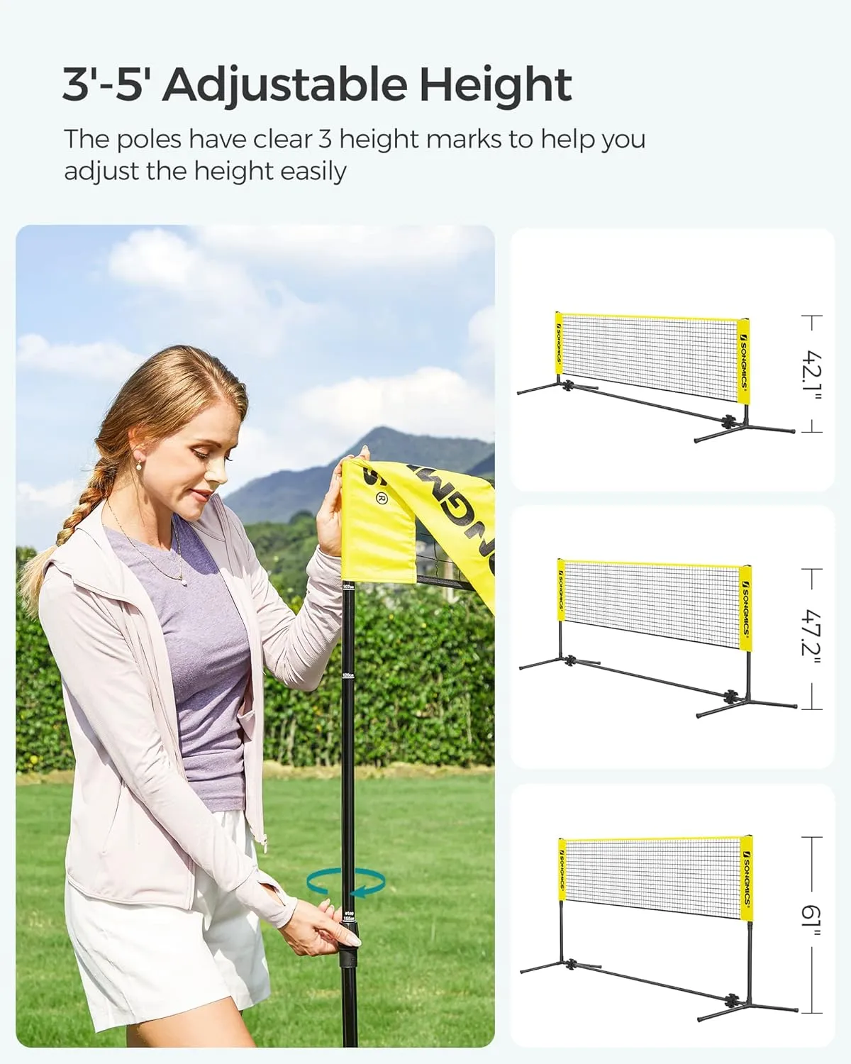 SONGMICS Badminton Net, Height Adjustable Volleyball Net, Pickleball Net for Junior Tennis, Kids, Indoor Outdoor Court, Foldable Nylon Net with Poles 10ft/13ft/16.5ft Wide