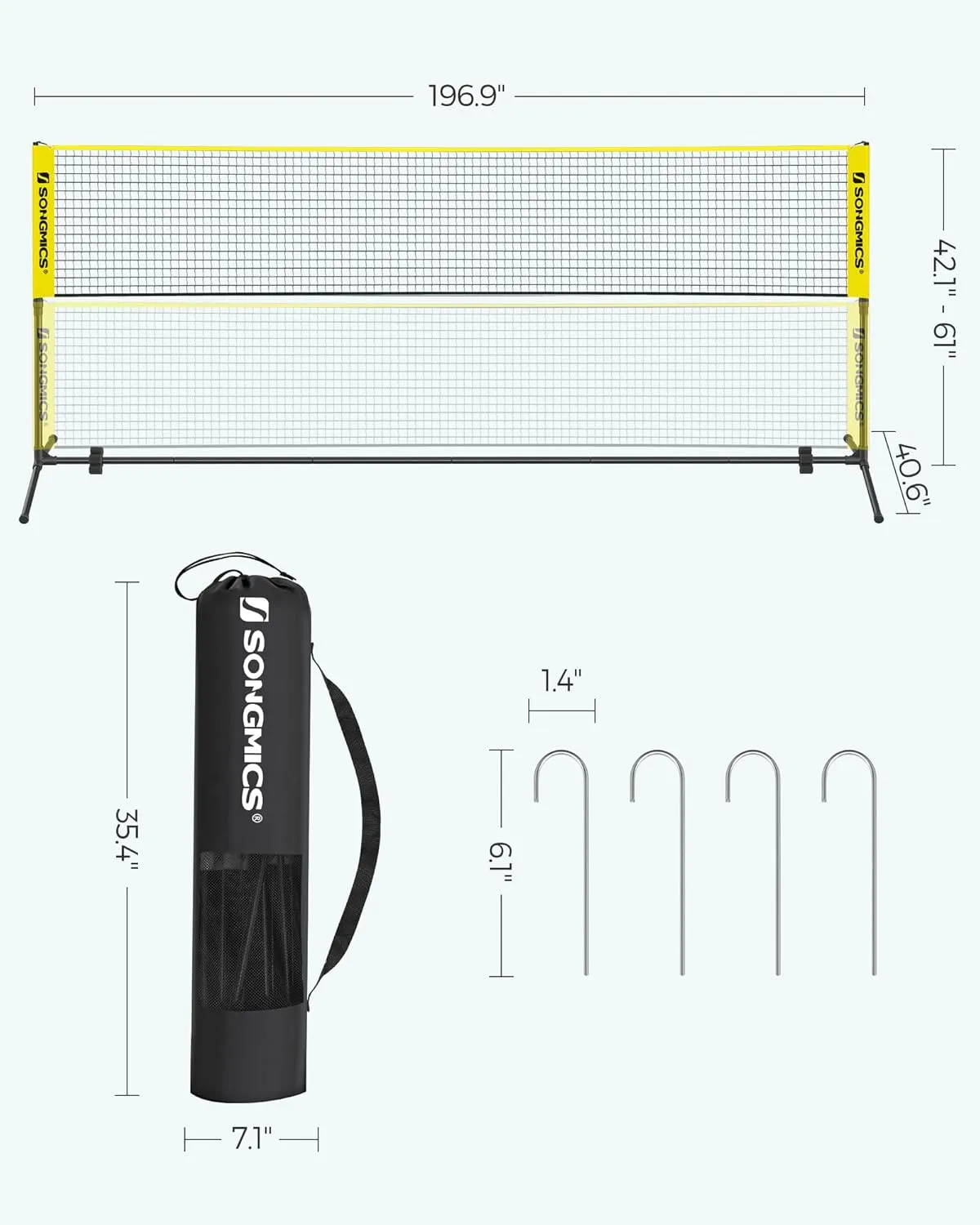 SONGMICS Badminton Net, Height Adjustable Volleyball Net, Pickleball Net for Junior Tennis, Kids, Indoor Outdoor Court, Foldable Nylon Net with Poles 10ft/13ft/16.5ft Wide