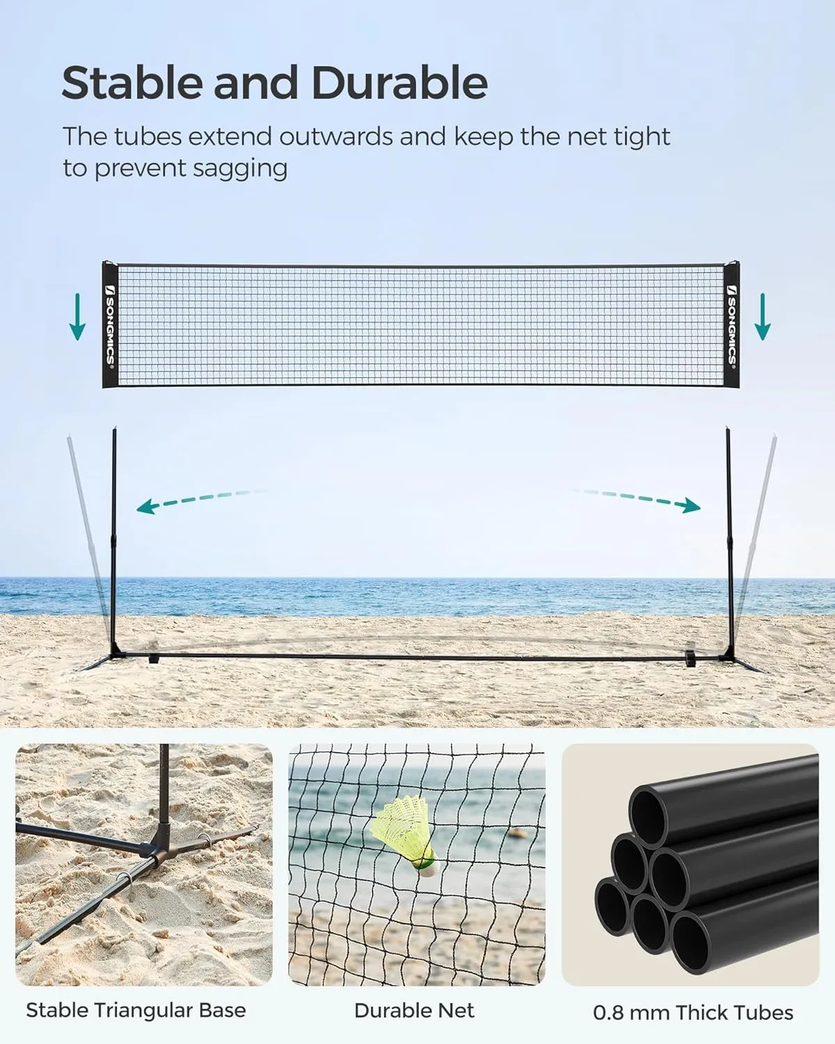 SONGMICS Badminton Net, Height Adjustable Volleyball Net, Pickleball Net for Junior Tennis, Kids, Indoor Outdoor Court, Foldable Nylon Net with Poles 10ft/13ft/16.5ft Wide
