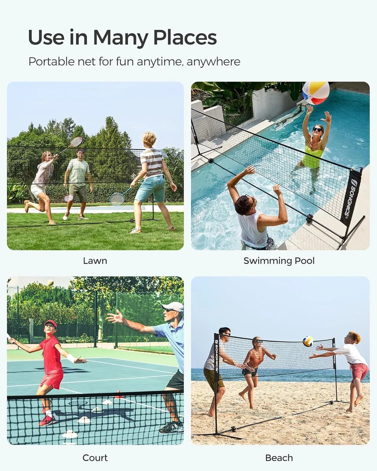SONGMICS Badminton Net, Height Adjustable Volleyball Net, Pickleball Net for Junior Tennis, Kids, Indoor Outdoor Court, Foldable Nylon Net with Poles 10ft/13ft/16.5ft Wide