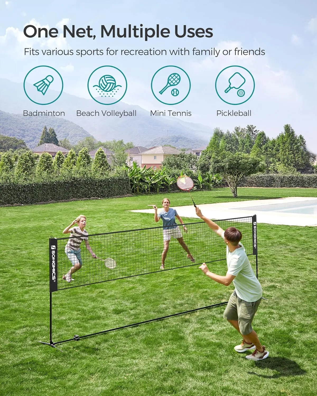 SONGMICS Badminton Net, Height Adjustable Volleyball Net, Pickleball Net for Junior Tennis, Kids, Indoor Outdoor Court, Foldable Nylon Net with Poles 10ft/13ft/16.5ft Wide