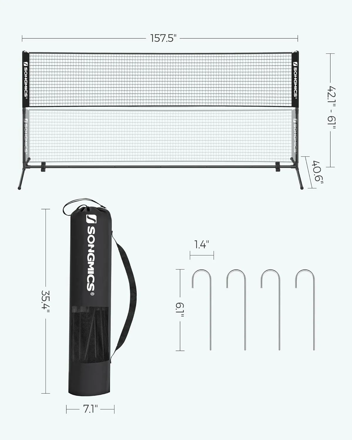 SONGMICS Badminton Net, Height Adjustable Volleyball Net, Pickleball Net for Junior Tennis, Kids, Indoor Outdoor Court, Foldable Nylon Net with Poles 10ft/13ft/16.5ft Wide