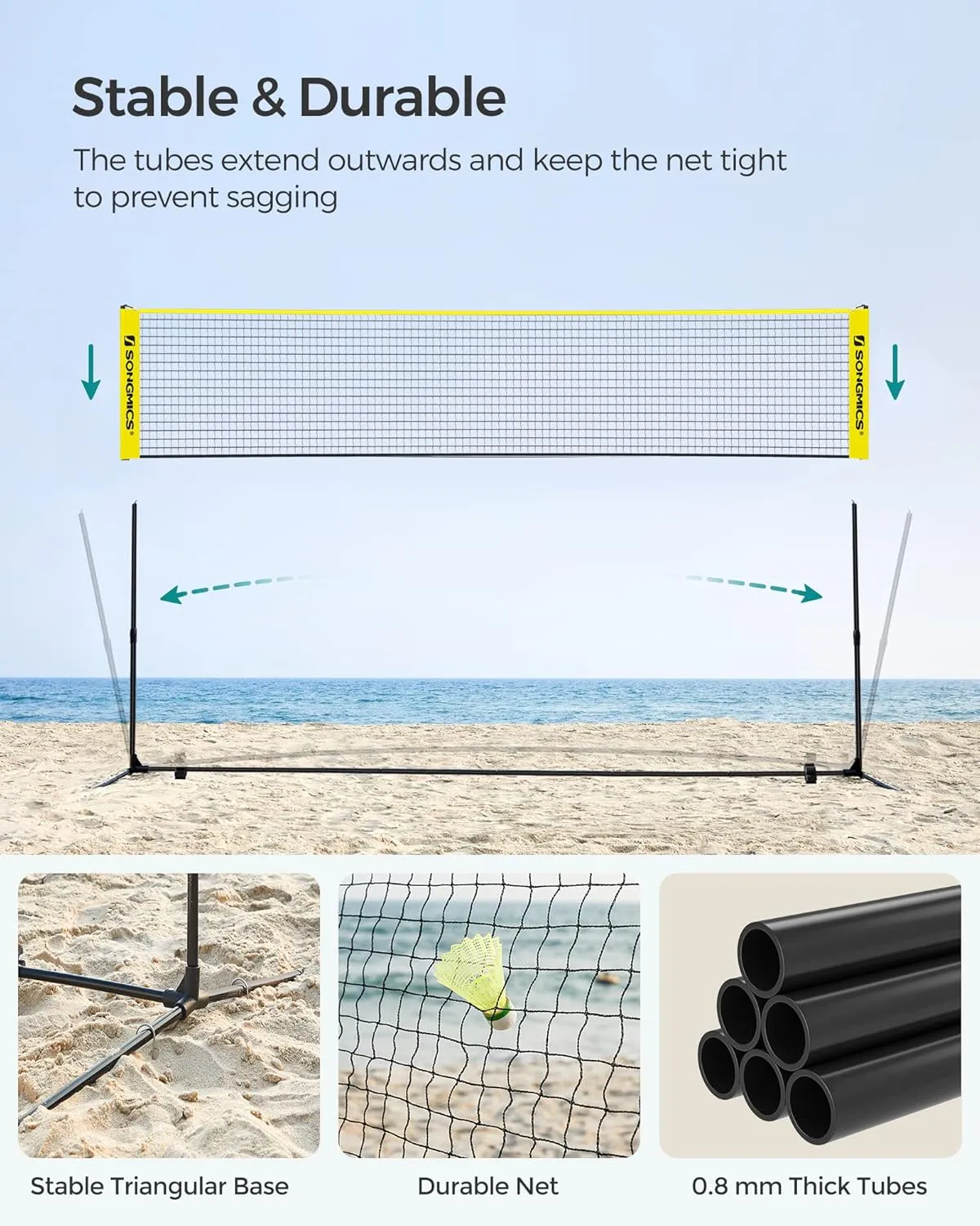 SONGMICS Badminton Net, Height Adjustable Volleyball Net, Pickleball Net for Junior Tennis, Kids, Indoor Outdoor Court, Foldable Nylon Net with Poles 10ft/13ft/16.5ft Wide