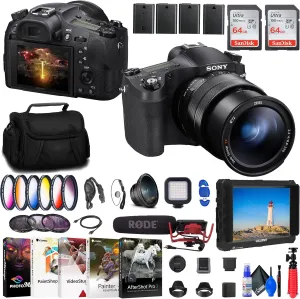 Sony Cyber-Shot DSC-RX10 IV Digital Camera (DSCRX10M4/B)   4K Monitor   Rode VideoMic   Wide Angle Lens   Telephoto Lens   Color Filter Kit   2 x 64GB Card   3 x NPF-W50 Battery   More (Renewed)