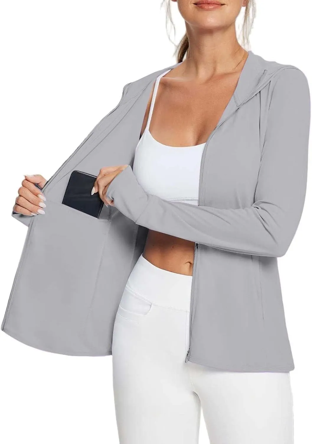 SPF Shirts for Women Long Sleeve UPF 50  Sun Protection Hoodies Jacket Lightweight Full Zip Cooling Rash Guard Pockets