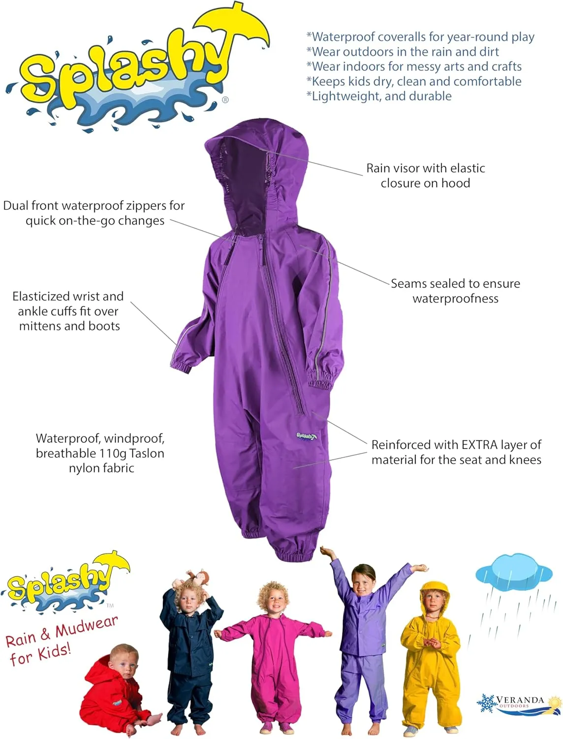 Splashy Waterproof One Piece Rainsuits and MudStopper Coveralls for Kids