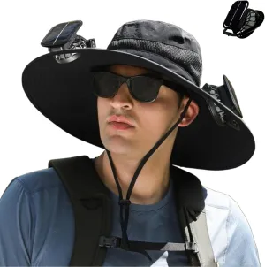 Sun Hat with 2 Solar Powered Fans Outdoor Wide Brim Sun Hat Solar Fan Hat Breathable Fishing Hat for Camping Hiking Mens