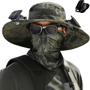 Sun Hat with 2 Solar Powered Fans Outdoor Wide Brim Sun Hat Solar Fan Hat Breathable Fishing Hat for Camping Hiking Mens