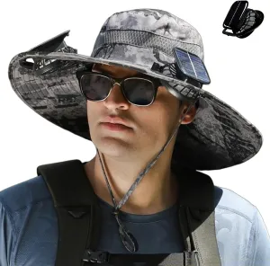 Sun Hat with 2 Solar Powered Fans Outdoor Wide Brim Sun Hat Solar Fan Hat Breathable Fishing Hat for Camping Hiking Mens