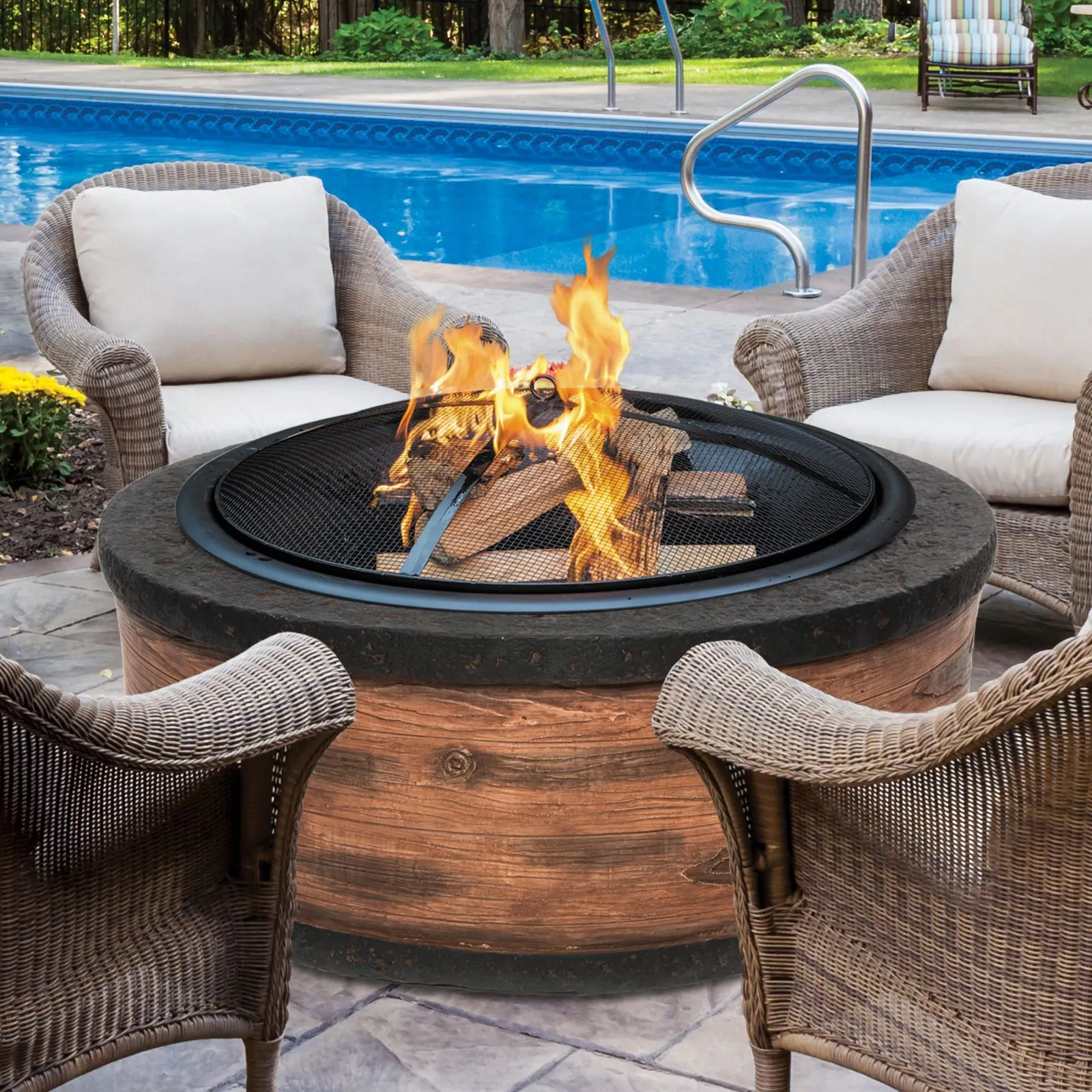 Sun Joe SJFP28-STN-RW 28-Inch Cast Stone Base, Wood Burning 24-Inch Fire Pit w/Dome Screen and Poker, Rustic Wood