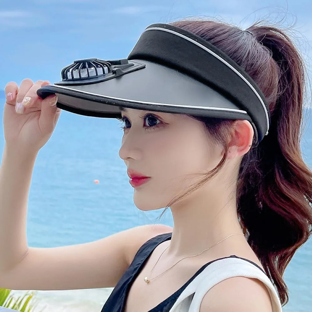 Sun Visor Hat with USB Fan, Summer Empty Top 3 Temp Settings Beach Cooling Anti UV Adjustable Fishing Hiking Cycling Cap