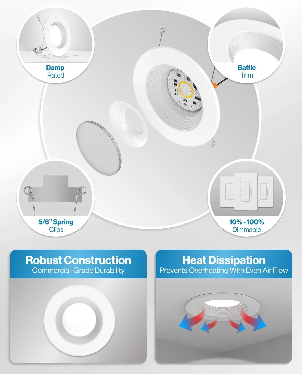 Sunco Retrofit LED Recessed Lighting 6 Inch, Downlight Can Lights for Ceiling, Baffle Trim, 965 LM, 13W (120W Equivalent), 3000K Warm White, Dimmable, Damp Rated UL 4 Pack