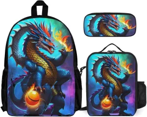 Supdreamc 3 Piece Backpack Sets, Cool Dragon With Fire Ball Art Carry On Bag Lunch Bag Pencil Case, College Bookbag, Travel Hiking Daypack Computer Bag, One Size